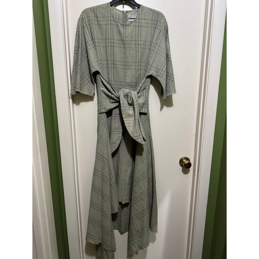 ZARA WOMAN PREMIUM COTTON LINEN ASYMMETRICAL DRESS SAGE medium